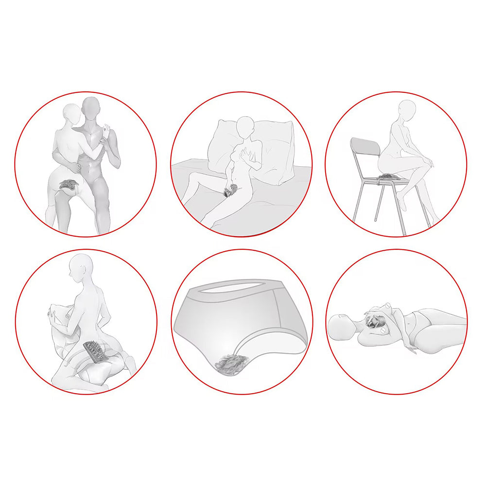 Line art diagram showing multiple usage positions for wearable friction pad including solo, underwear placement, and couples play