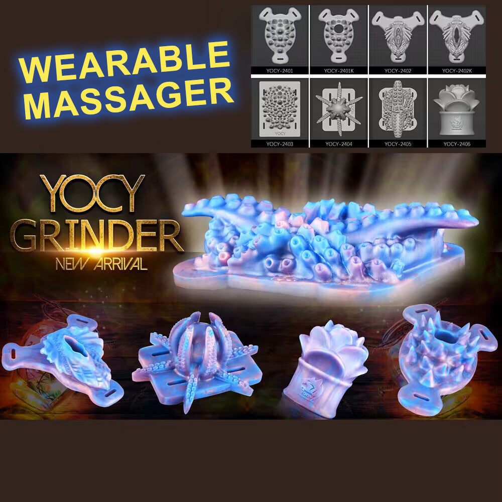 Wearable massager grinder pad collection with multi-textured organic silicone friction pads and strap accessories