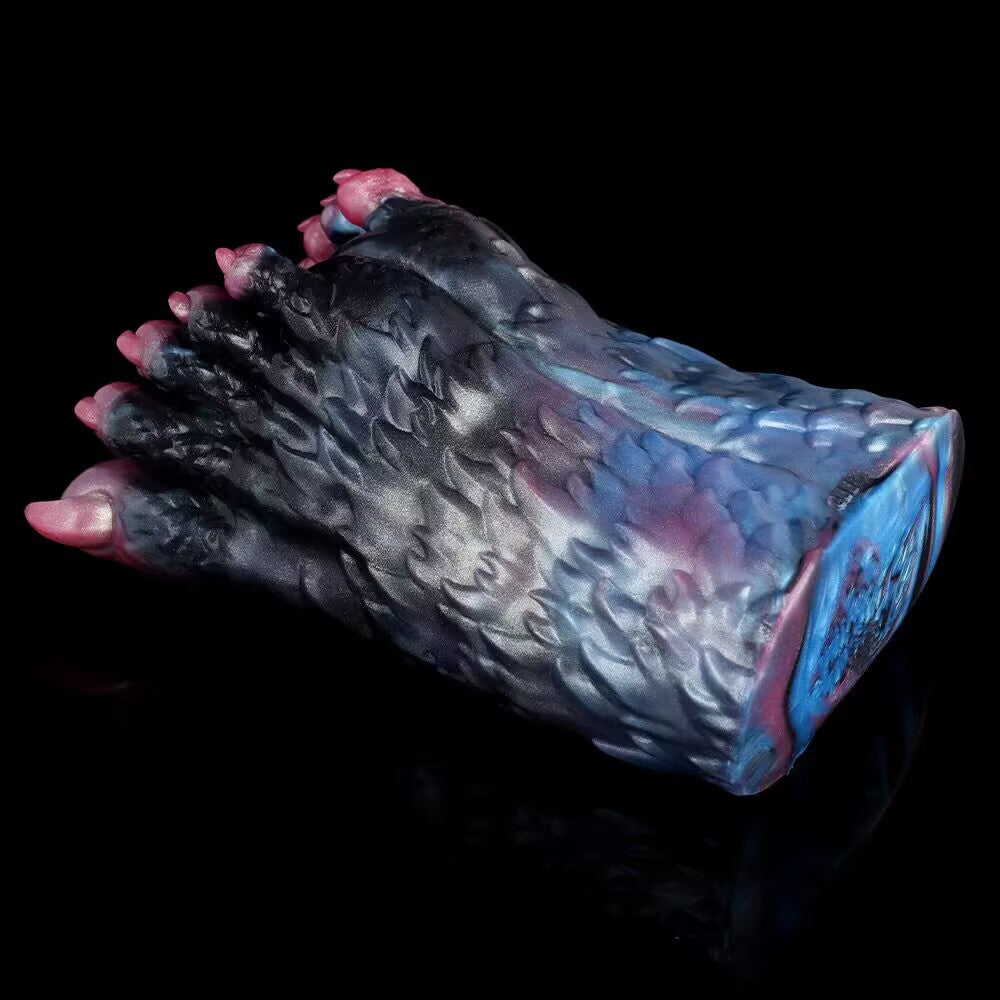 The back view of a weighted furry fantasy monster stroker on a reflective surface, emphasizing the detailed dragon-like scale reptilian pattern and realistic color gradient.