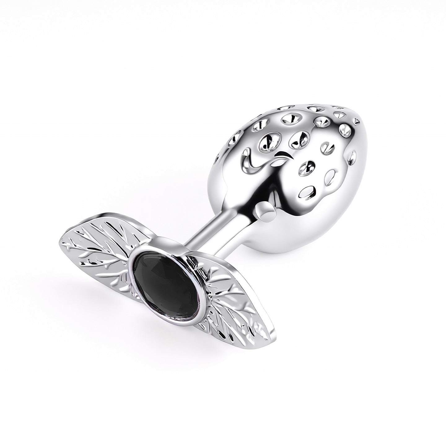 Sleek strawberry shape metal butt plug for alternative fashion lovers, featuring a mysterious onyx-black crystal gemstone inset on the safety base.