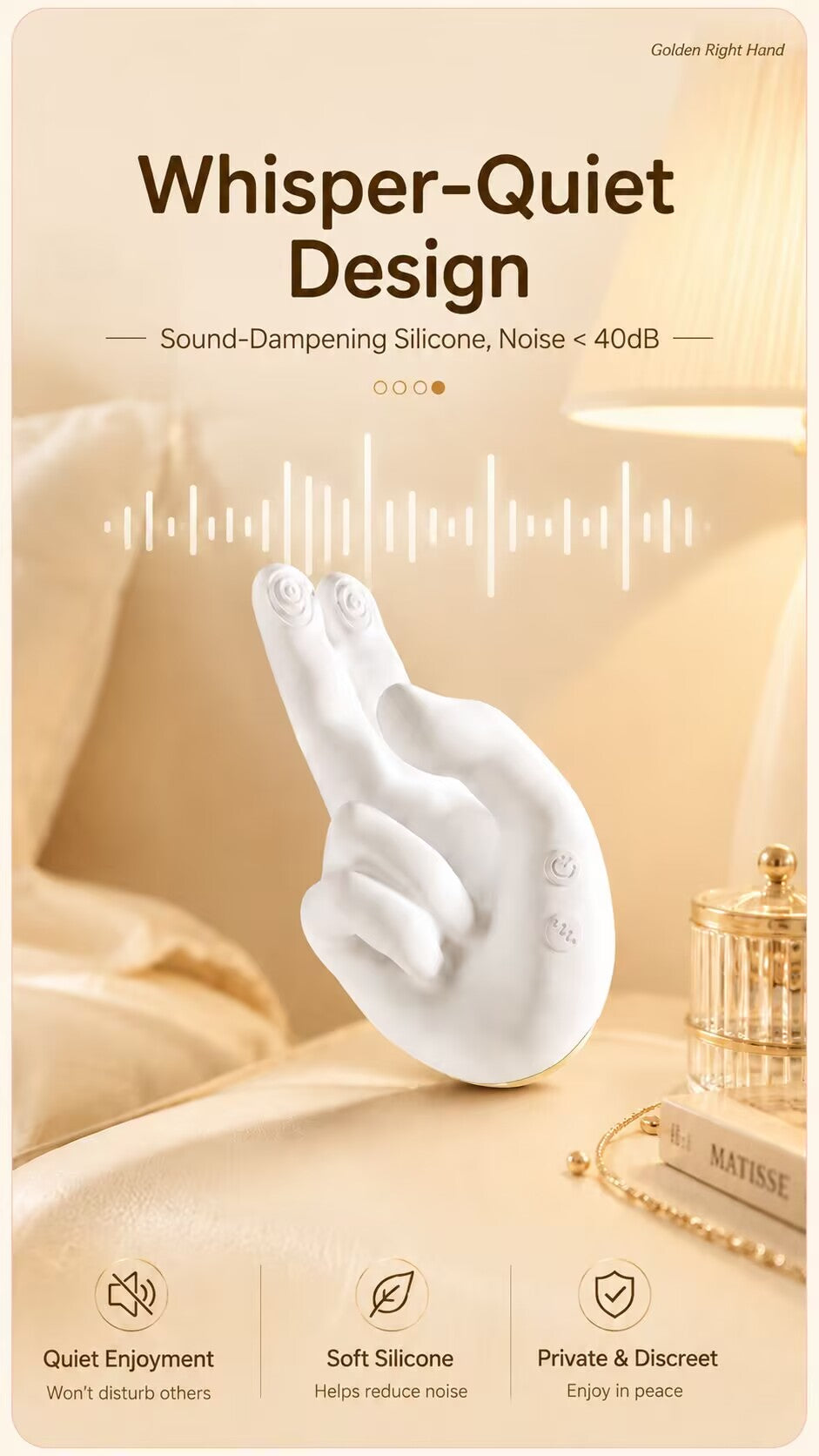 The elegant white hand-gesture vibrator standing on a bedroom nightstand next to a lamp, showcasing its whisper-quiet operation under 40 decibels for discreet enjoyment.