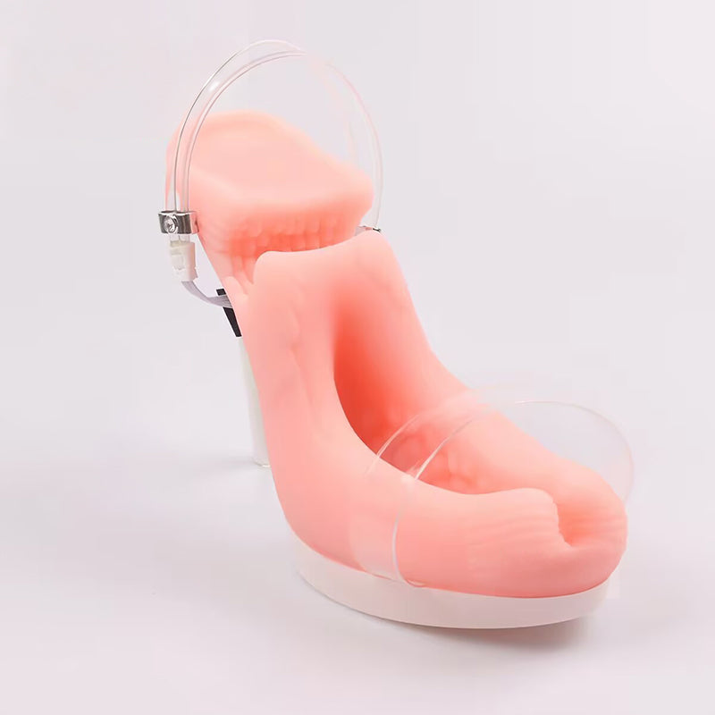 Side view of white-platform vibrating high heel male masturbator isolated on white background