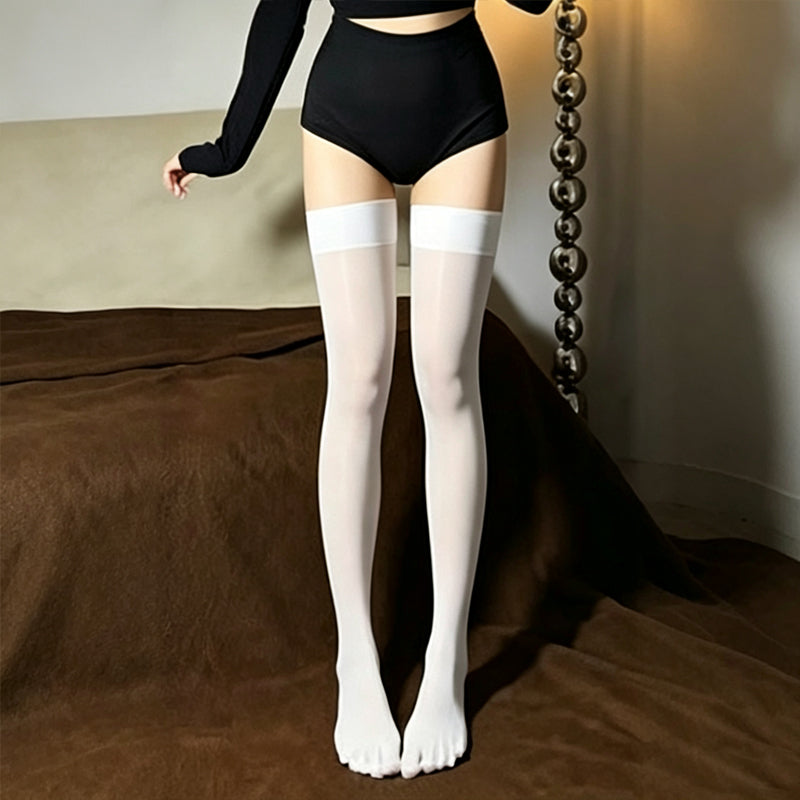 White sheer five-toe over-the-knee stockings shown on model.
