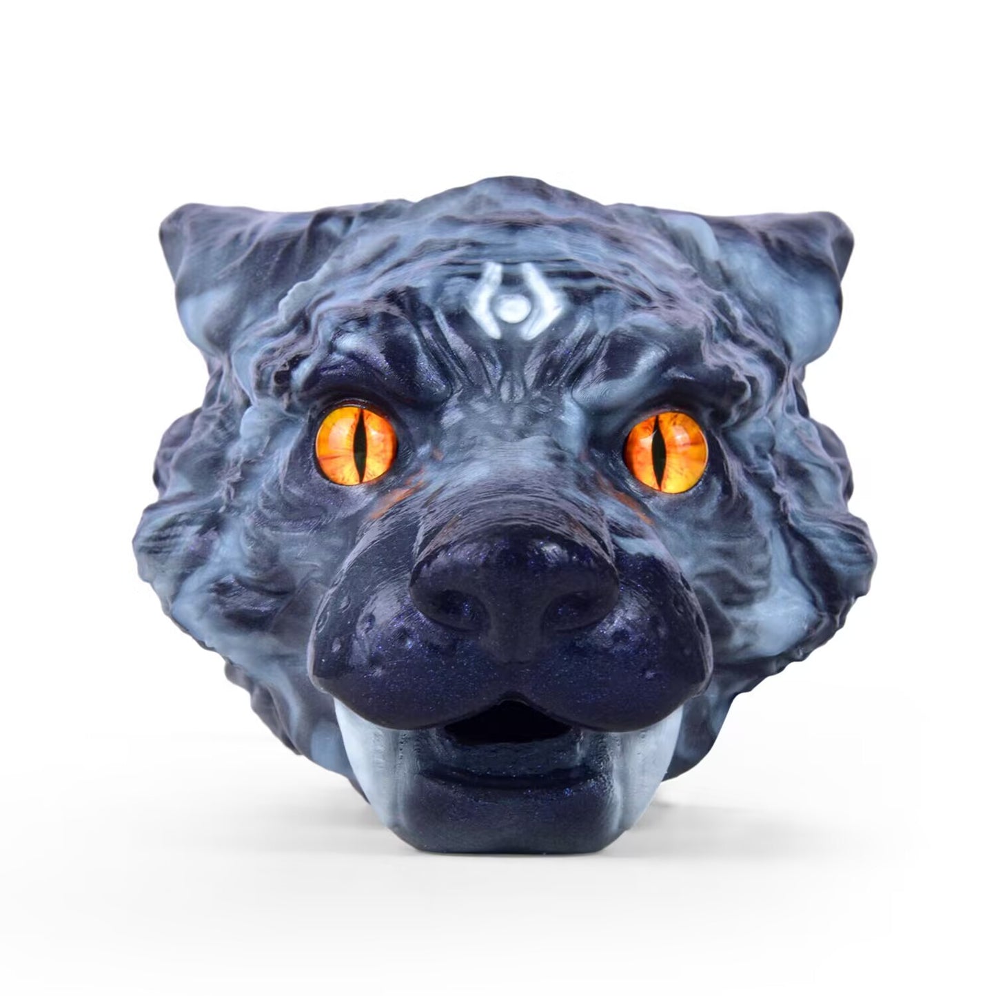 Front view of fantasy wolf head silicone toy featuring glowing orange eyes and sculpted teeth