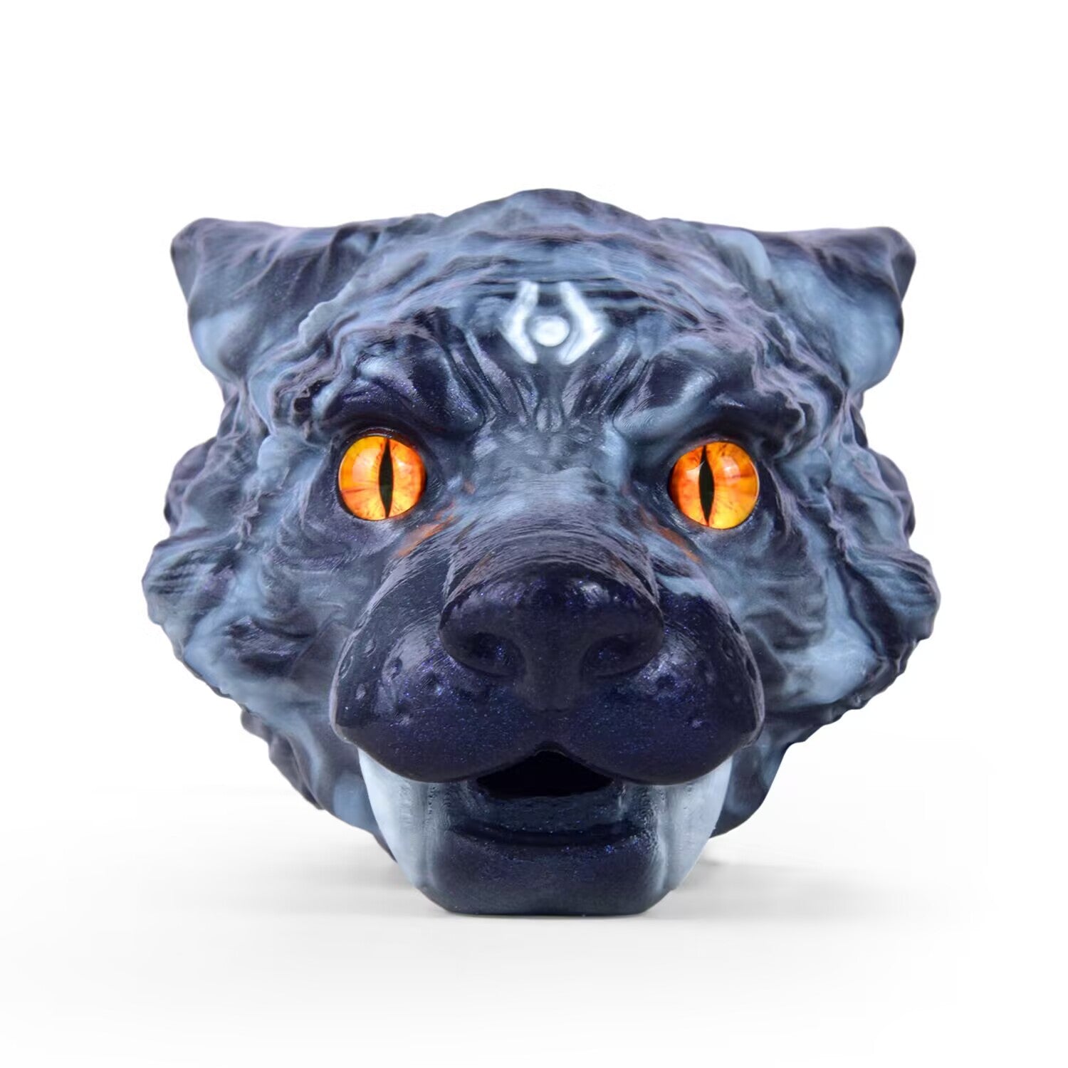 Front view of fantasy wolf head silicone toy featuring glowing orange eyes and sculpted teeth
