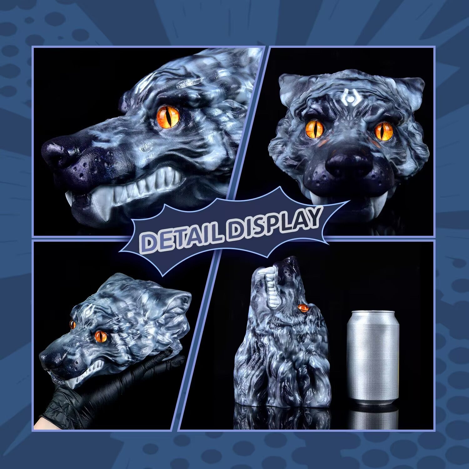 Four angle detail display of wolf head silicone adult toy with soda can size comparison