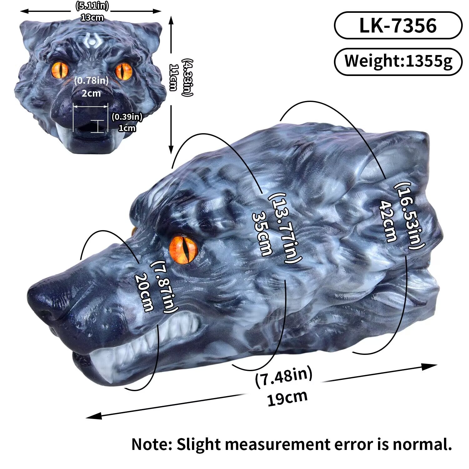 Dimension chart showing length, width, and weight of LK-7356 phantom wolf head masturbator
