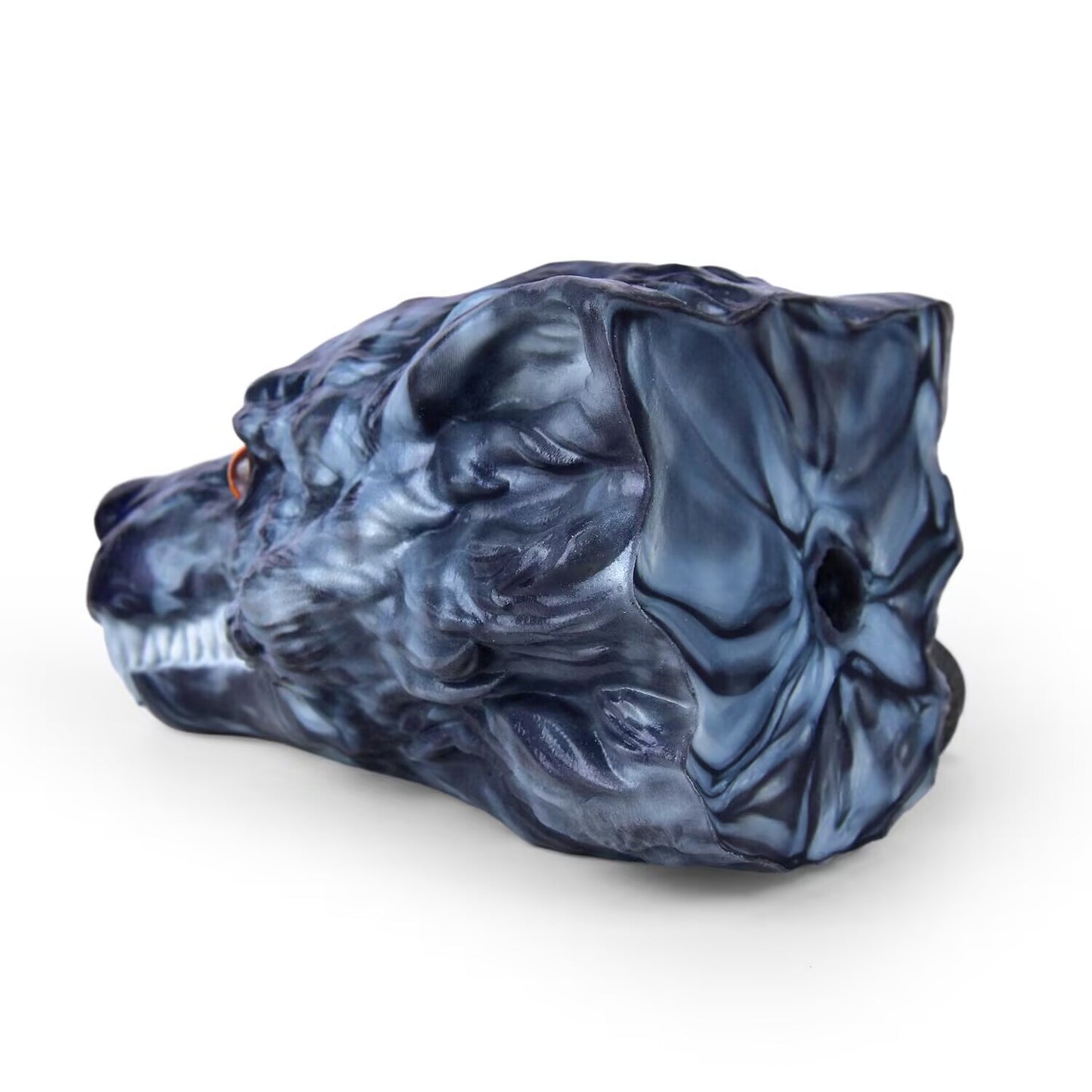 Rear perspective of wolf head silicone masturbator displaying bottom entry opening