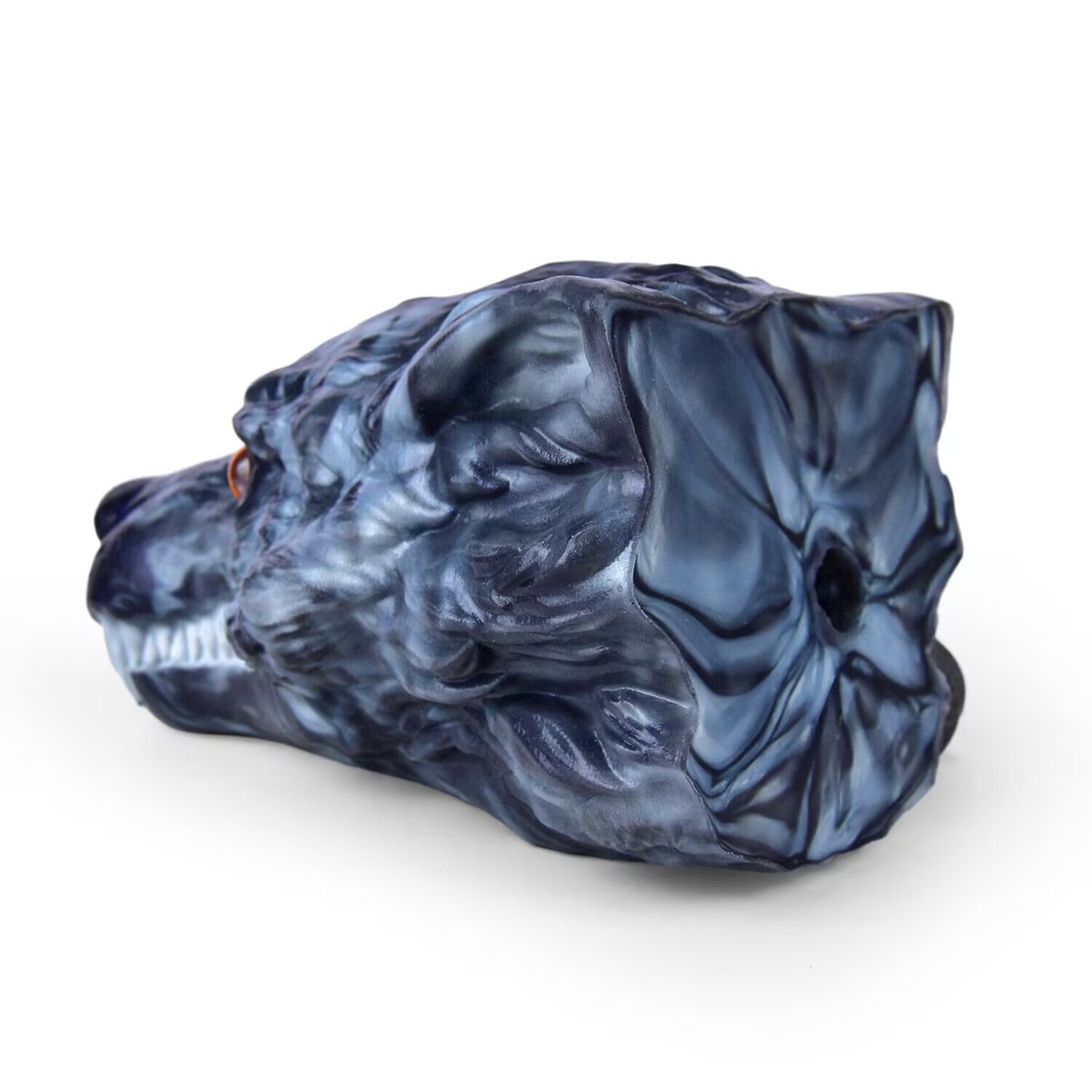 Rear perspective of wolf head silicone masturbator displaying bottom entry opening