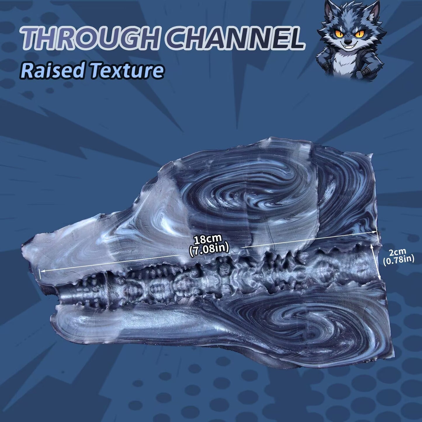 Cross section view of wolf head masturbator showing 18cm continuous through channel with raised internal textures