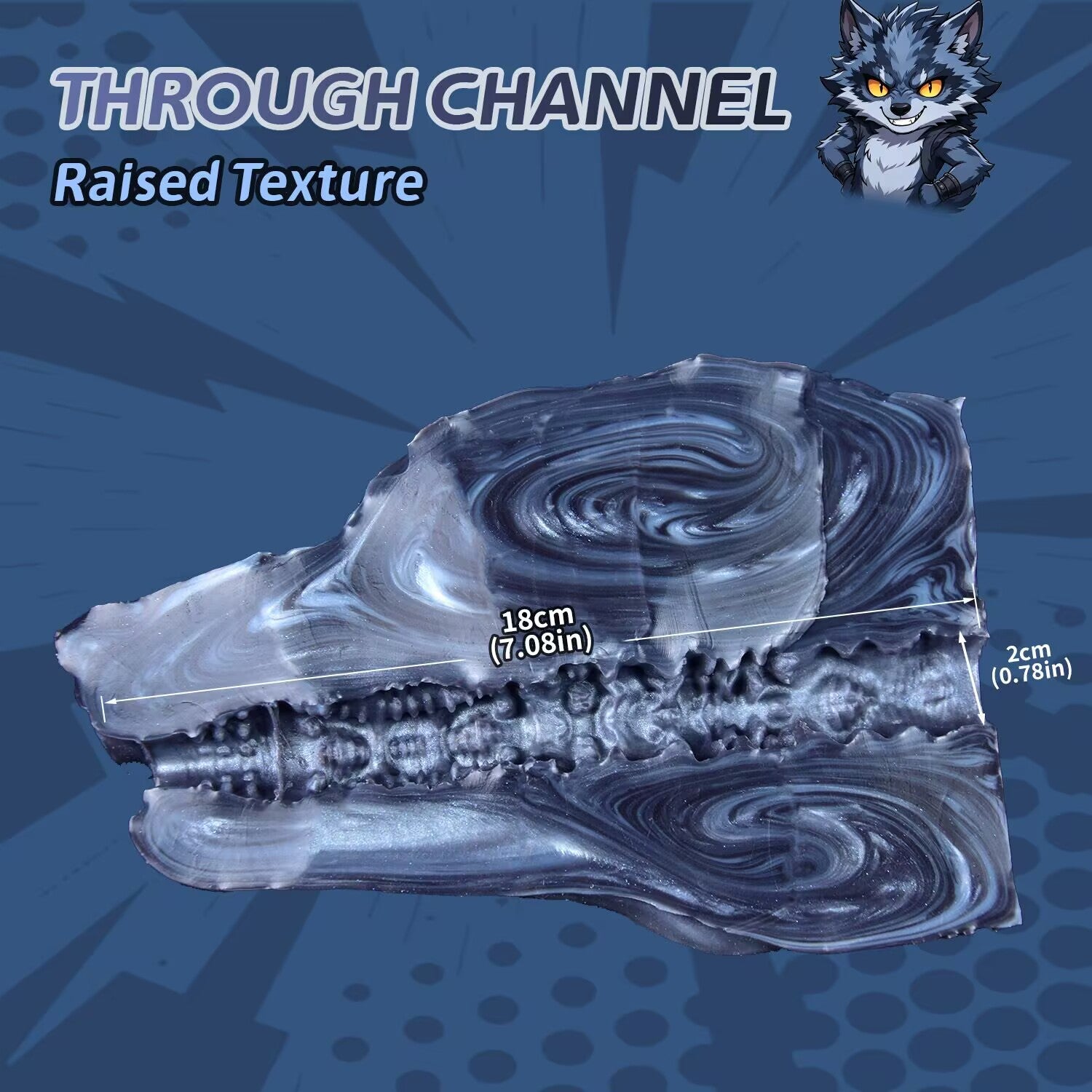 Cross section view of wolf head masturbator showing 18cm continuous through channel with raised internal textures