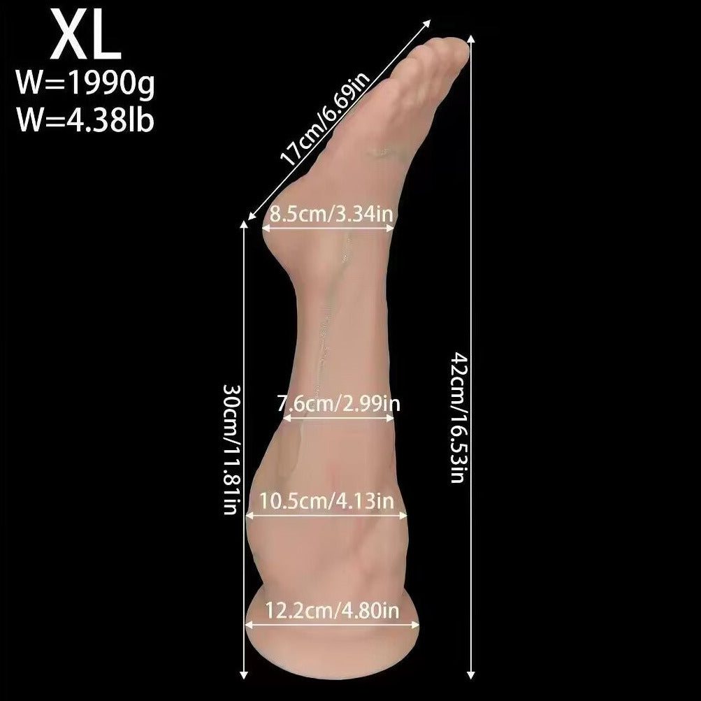 Size XL extra large foot anal plug spec chart detailing 42cm height and 1990g weight.