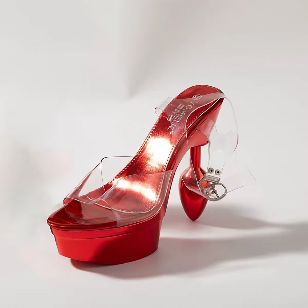Close-up of a single metallic red plug heel platform sandal showing YOMIELIE brand logo on the inner sole.